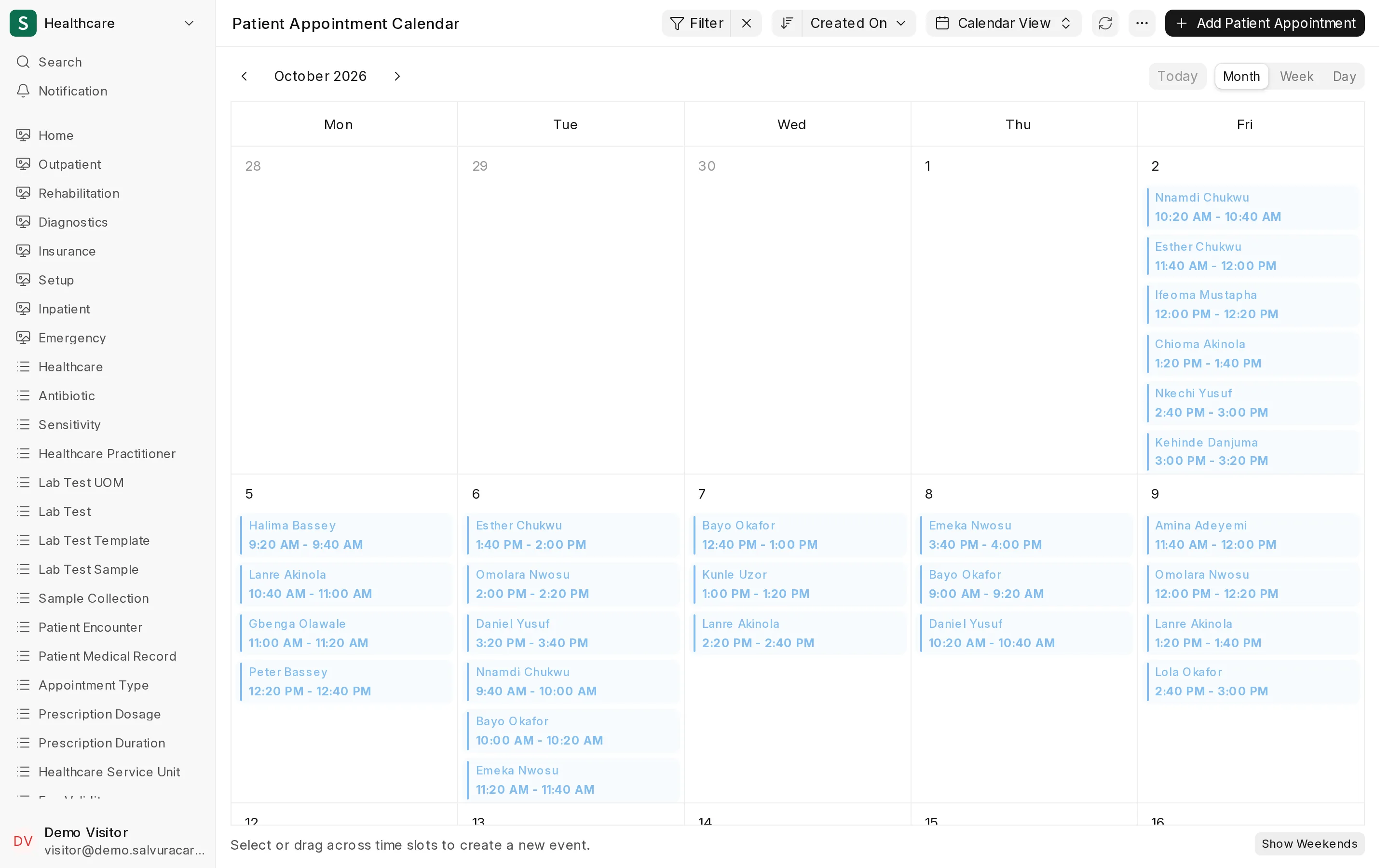 SalvuraCare's appointment calendar with each patient's booking time